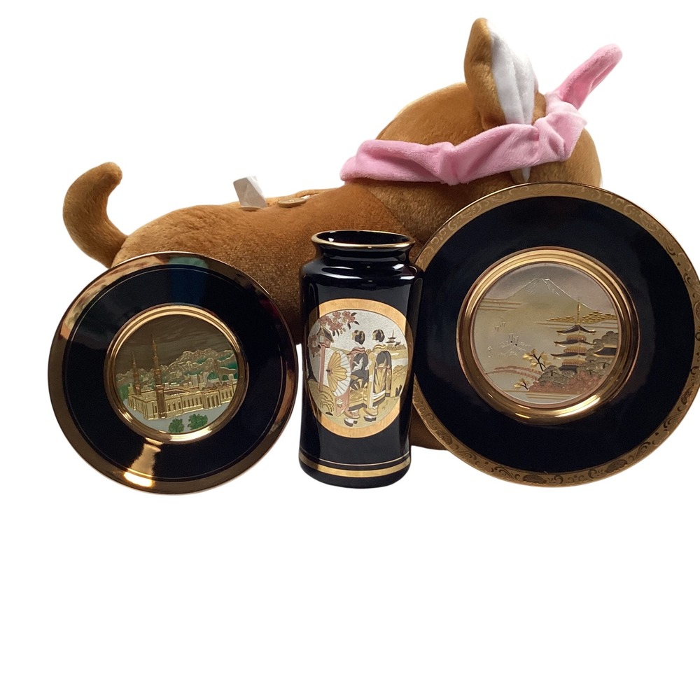 Chokin‎ Art Japan 24KT Gold Edged 3 Piece Set 2 Decorative Plates and Bud Vase